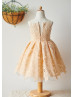Illusion Neck Peach Lace Tulle Knee Length Flower Girl Dress